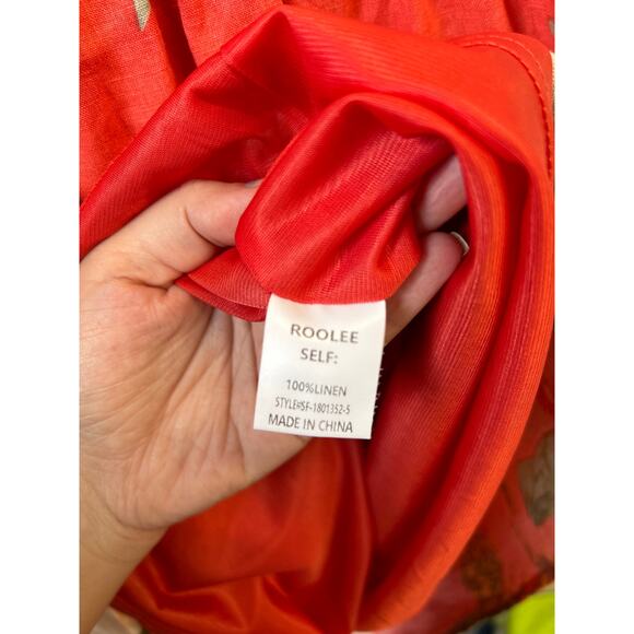 Roolee 100% linen V-neck Fit Flare Women's Red Floral Magnolia Dress Size Small - Picture 6 of 11